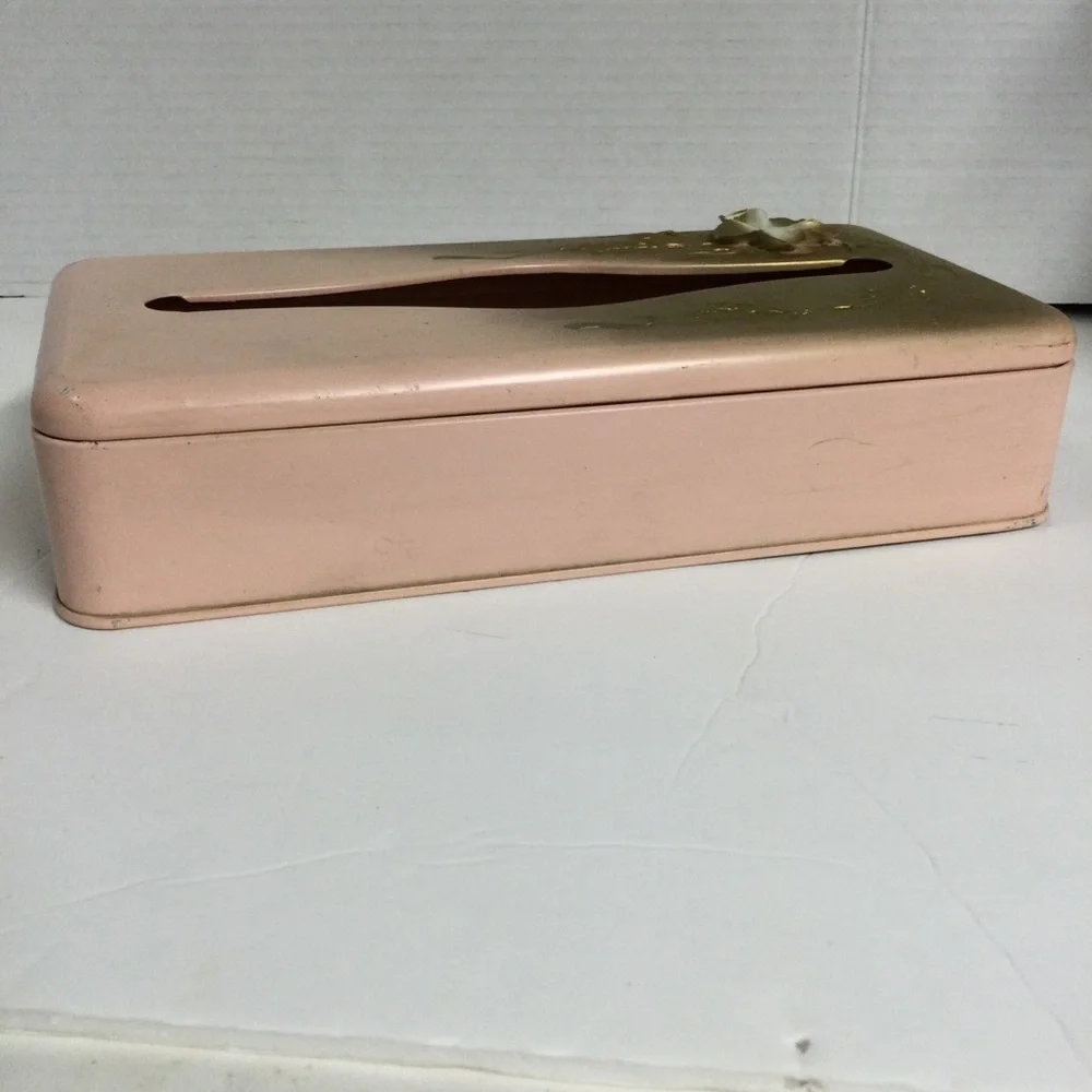 Vintage Ransburg Pink Gold Floral Metal Tissue Box Holder Mountable